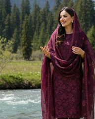 3 Piece - Noor Unstitched Maroon Embroidered Lawn Suit