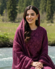3 Piece - Noor Unstitched Maroon Embroidered Lawn Suit