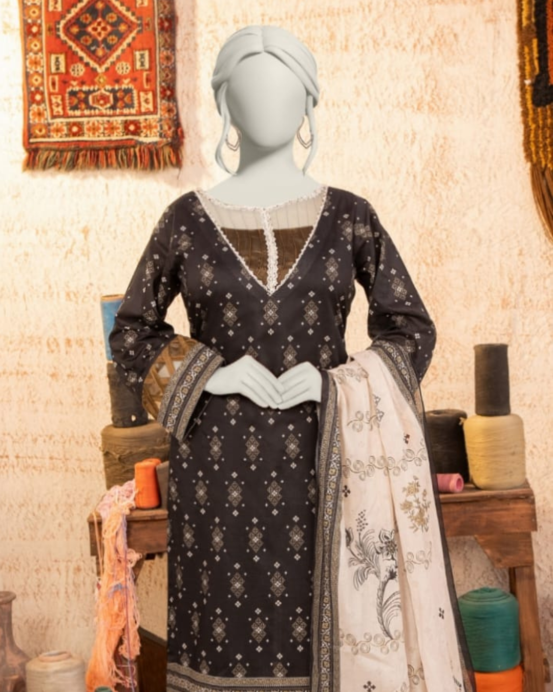 3 Pieces - Almeerah Unstitched Black Printed Lawn Suit