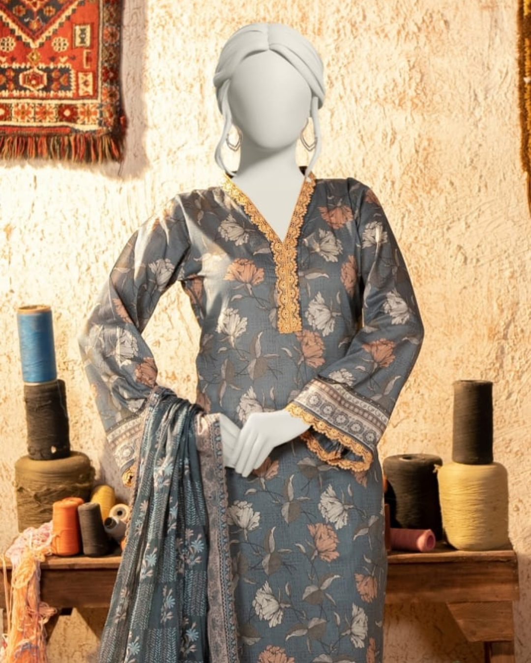 3 Pieces - Almeerah Unstitched Dark Grey Printed Lawn Suit