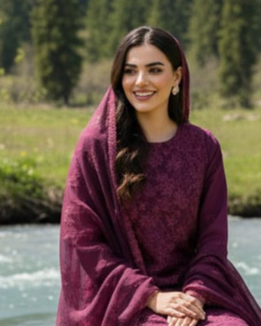 3 Piece - Noor Unstitched Maroon Embroidered Lawn Suit