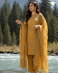 3 Piece - Noor Unstitched Mustard Embroidered Lawn Suit