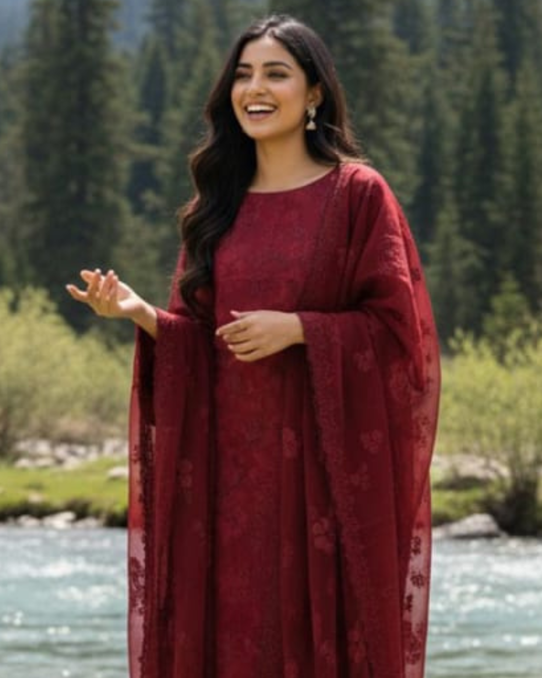 3 Piece - Noor Unstitched Red Embroidered Lawn Suit