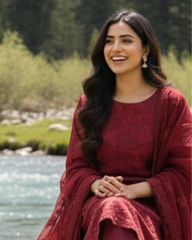 3 Piece - Noor Unstitched Red Embroidered Lawn Suit