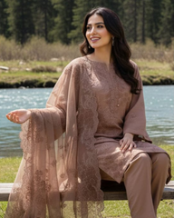 3 Piece - Noor Unstitched Cream Embroidered Lawn Suit