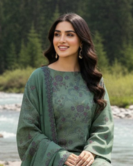 3 Piece - Noor Unstitched Green Embroidered Lawn Suit