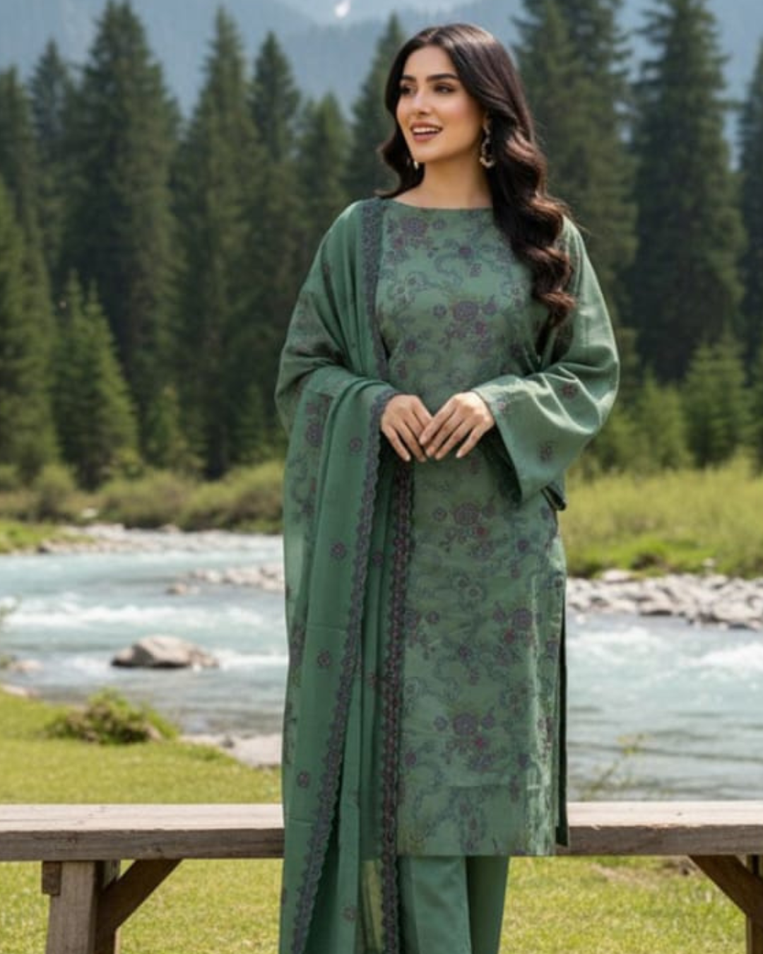 3 Piece - Noor Unstitched Green Embroidered Lawn Suit