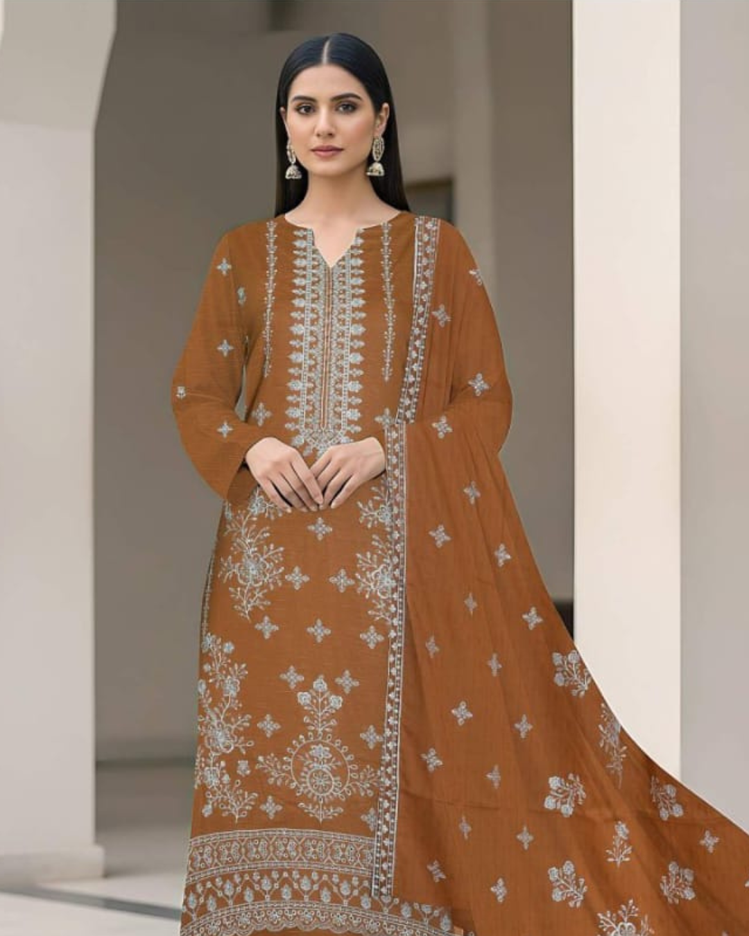 3 Piece - Cross Tones Unstitched Orange Embroidered Lawn Suit
