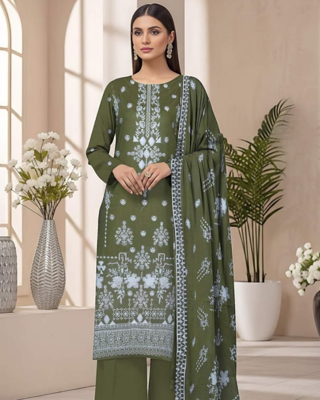 3 Piece - Cross Tones Unstitched See Green Embroidered Lawn Suit