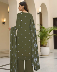 3 Piece - Cross Tones Unstitched See Green Embroidered Lawn Suit
